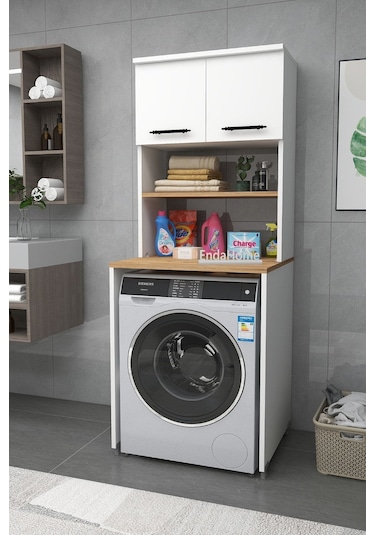 Enda Home Çamaşır Makinesi Dolabı 3 Raflı Kapaklı Banyo Dolabı Beyaz - Atlantik Çam Beyaz - Çam