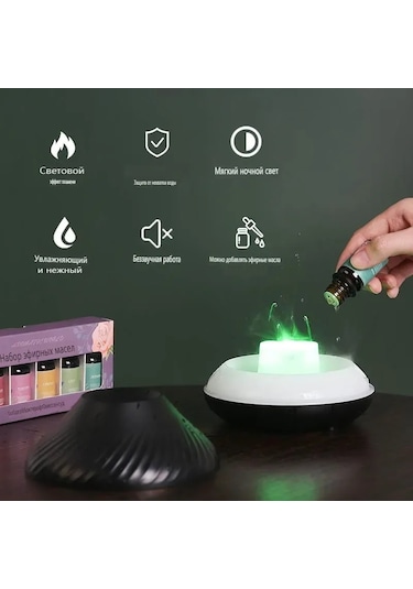 Maiyame 130ml Usb Taşınabilir Aromaterapi Diffüseri - Volkan Desenli 7 Renkli Alev Lambalı, 6-9 Saat Kullanim Süresi Siyah