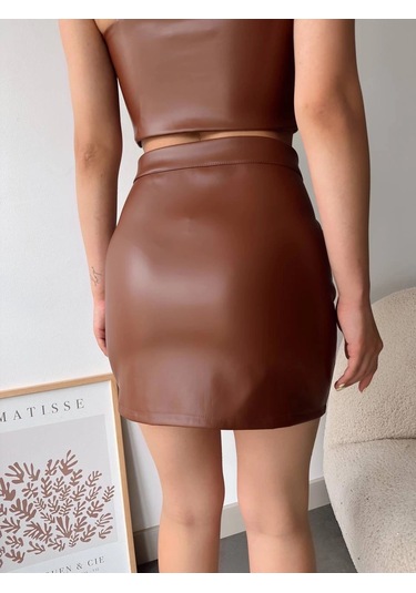 Dantelli Fermuarlı Deri Etek Kahve W24598 Kahve