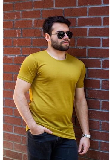 Erkek Koyu Sarı Basic Rahat İnce Petek Kumaş Spor Tshirt 22etshport 001