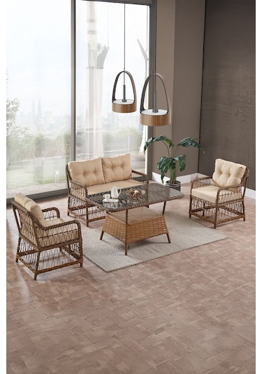 Breda Rattan Örgü Bahçe Balkon Takımı 2+1+1 Cam Masalı Kahve Kahve
