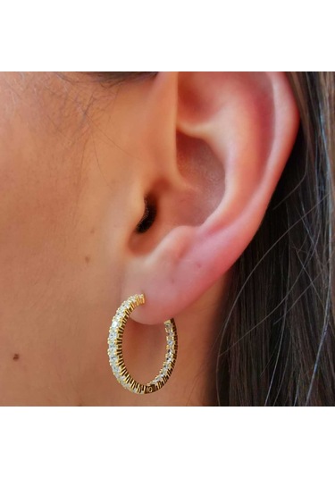 Halka Gümüş Küpe Zirkon Taşlı Gold Büyük