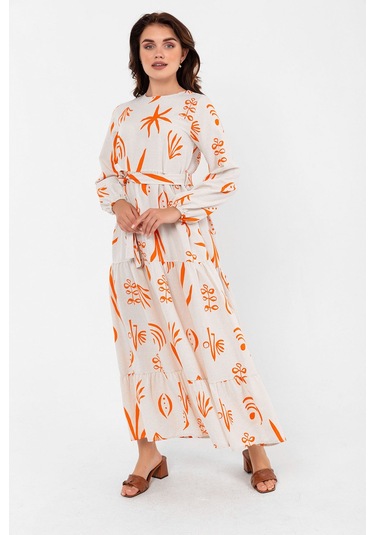 Desenli Yazlık Baharlık Keten Elbise 2103 Turuncu