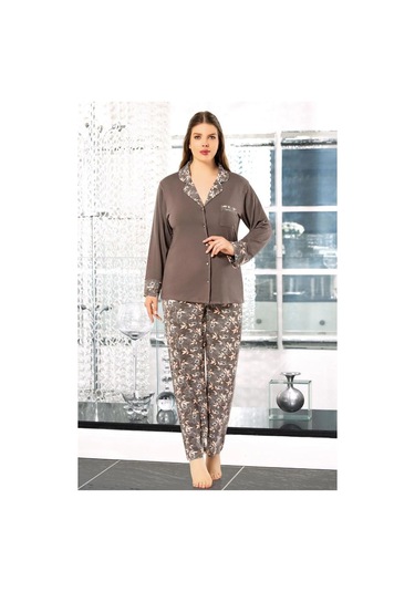 Faal 8801 Kadın Büyük Beden Uzun Kollu Önden Düğmeli Pijama Takım-füme Füme