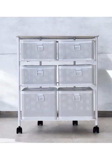 Metal Tekerlekli Paslanmaz Sebzelik 6 Bölmeli 3 Katlı Beyaz Beyaz