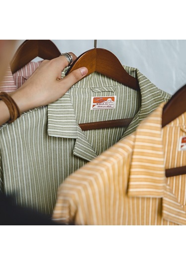 Sones Tw2007207 Erkek Vintage Çizgili Küba Yaka Gömlek Uzun Kollu Üst Yeşil Çok Renkli