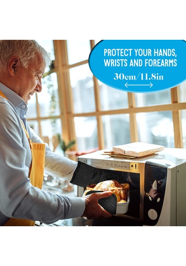 Geeksen 30 Cm Siyah Silikon Izgara Eldiveni Ve 2 Adet Isı Koruyucu Tutucu, Pamuk + Silikon Malzeme, 4'lü Set Çok Renkli