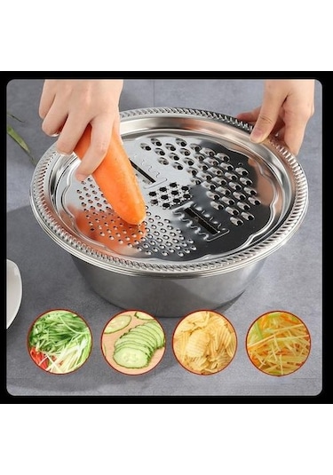 Likeable 3 İn 1 Çok Fonksiyonlu Paslanmaz Çelik Sebze Kesici Havzası Lavabo Mutfak Kevgir Rende Örgü Sepet Sebze Yıkama Kase Gümüş