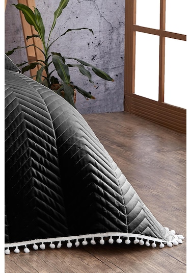 Evlen Home Ponponlu %100 Pamuk Tek Kişilik Günlük Yatak Örtüsü Pike Takımı Seti Siyah