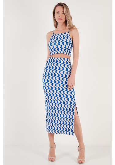 Lela Slim Fit Ip Askılı Yırtmaçlı Bayan Takım 5865278 Saks-Beyaz