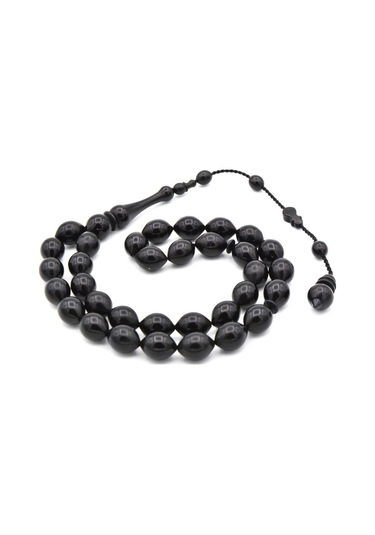 Sistemli Beyzi Kesim Siyah Toz Pres Kehribar Tesbih