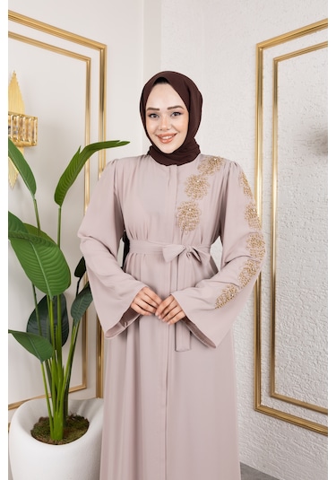 Nevayla Moda Sol Tarafı İnci Detaylı Ferace - Bej / F0140 Bej