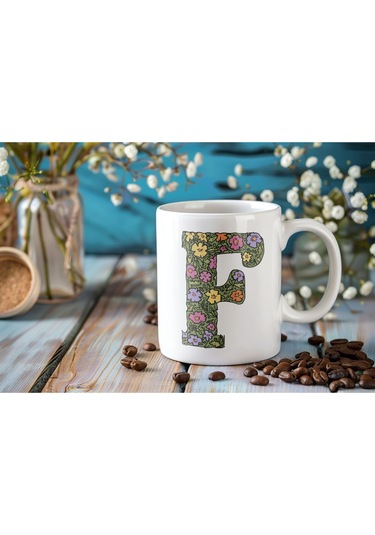 F Baş Harf Çiçek Desenleri İle Natural Tarz Kupa Bardak - Kişiye Özel Çiçekli Kahve Çay Bardak - Beyaz