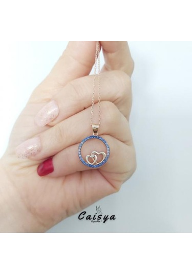 Mavi Nano Taşlı Kalp Gümüş Kolye (479068387)-Rose Gold