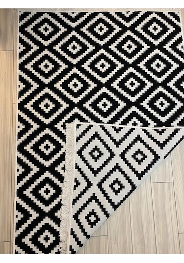 Kilim Çift Taraflı Pamuklu Dokuma Modern Kilim Siyah Beyaz Kilim