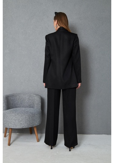 Kare Düğmeli Yünefekt Takım Siyah Siyah