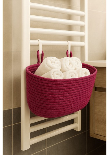 Dekoratif Askılı Banyo Sepeti 18 40 16 Cm Saklama Ve Düzenleyici Hasır Jüt Sepet Organizer El İşi Fuşya