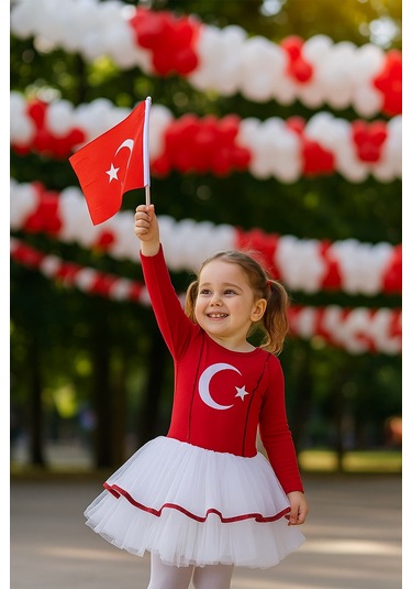 Türk Bayraklı Milli Bayramlar 4-5 Yaş Beyaz Tütülü Kırmızı Beyaz Kostüm