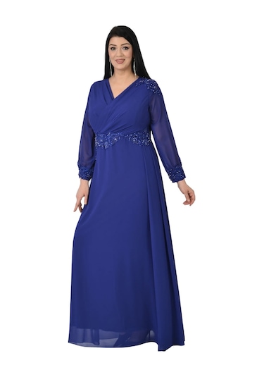 Lilas Xxl Kadın Büyük Beden Uzun Şifon Abiye Elbise 9573 Saks Saks Mavi