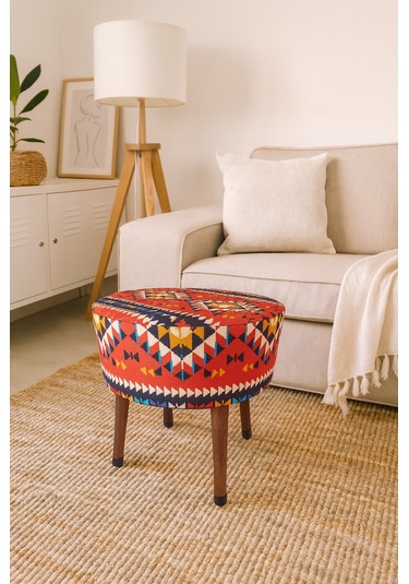 Ustaagac Puf Koltuk Bench Tabure Anadolu Kilim Al- Ahşap Ayaklı Kırmızı - Beyaz