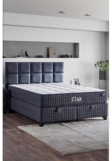 Star Yatak Seti 100x200 Cm Tek Kişilik Yaylı Sert Ortopedik Yatak Antrasit Lüks Baza Başlık Takımı 100 x 200