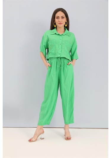 Takım Nakış Detaylı Viskon Gömlek Pantolon - Yeşil-yeşil Yeşil