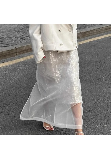 Seksi Şeffaf File Etek Kadın Beyaz Yüksek Bel Yırtmaçlı Bol Uzun Etekler Sonbahar Sokak Modası Kulüp Parti Eteği Kadın Beyaz