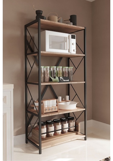 Morpanya Oven Metal Mutfak Rafı Malzeme Dolabı 5 Raflı Mikrodalga Fırın Rafı Çok Amaçlı Dolap Raf 150 Cm Ceviz