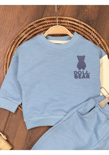 Ayıcık Baskılı Bisiklet Yaka Düğme Detaylı 2'li Bebek Takım Mavi