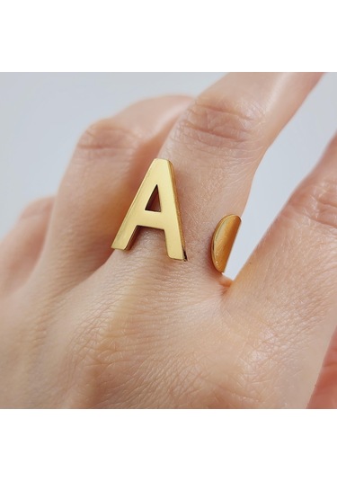 Çelik Gold Düz Kesim Harf Yüzük -a Harfi- Ayarlı Ölçü-1888