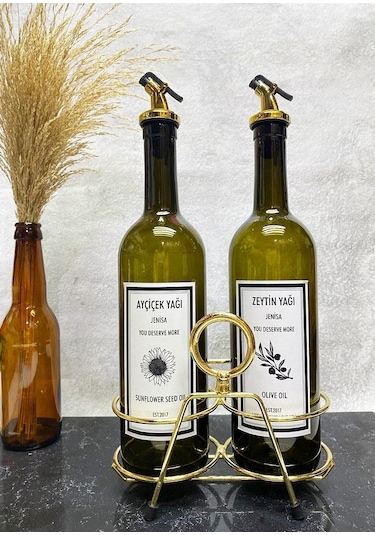 Altın Standlı Yuvarlak Figürlü 750ml Yeşil Amber Şişe Altın Akıtı