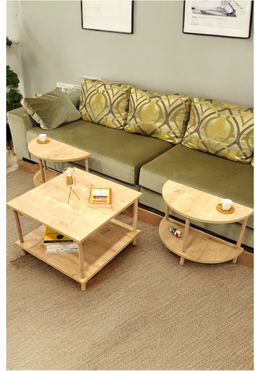 Çevir Kur 3'ü 1 Arada 2 Raflı Orta Sehpa Ve Dekoratif Yan Sehpa Gazetelikli Meşe