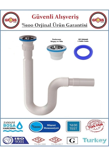 Lavabo Evye Gider Sifonu - Körüklü - Paslanmaz Süzgeç - Paslanmaz Beyaz