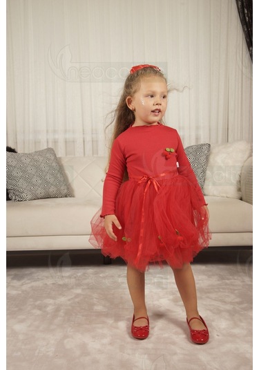 Tüllü Astarlı Esnek Kirazlı Elbise Uzun-kırmızı Kırmızı