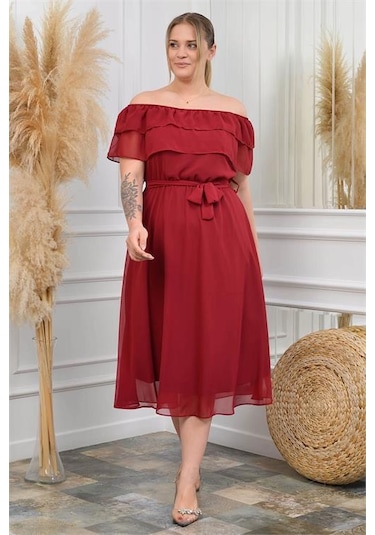 Dip Moda Kadın Şifon Kuşaklı Büyük Beden Elbise Dpnb8061 Bordo