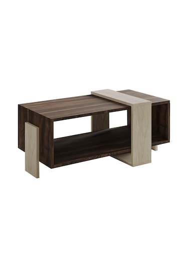 Meleni Orta Sehpa 90 Cm Modern Tasarım Raflı Traverten/ceviz