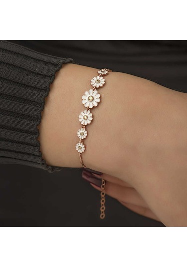 Gümüş Rose Sıralı Papatya Bayan Bileklik Rose