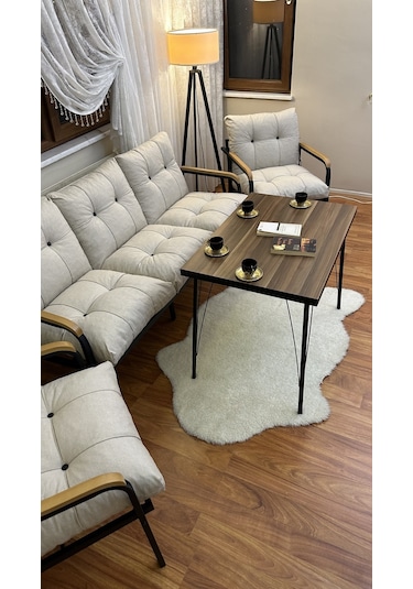 Modern Style Home Modern Kadıköy Balkon, Bahçe, Cafe - Metal Kanepe Koltuk Takımı - 3+1+1+masa Krem Modernk028 Krem