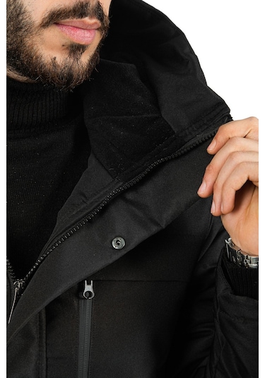 Montland Erkek Siyah Içi Polarlı Su Ve Rüzgar Geçirmez Kapüşonlu Kışlık Mont Siyah