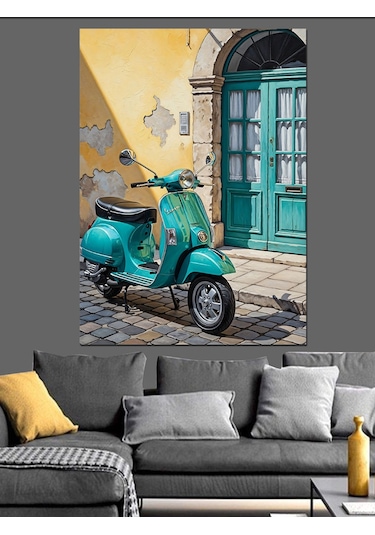 Kapı Önü Yeşil Vespa Dekoratif Kanvas - Mdf Ahşap Tablo