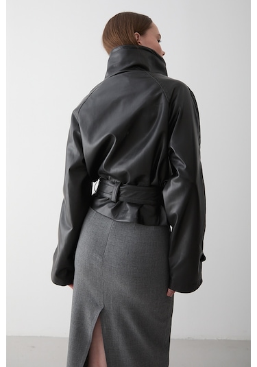 Siyah Düğmeli Kuşaklı Deri Ceket - 509261 Siyah