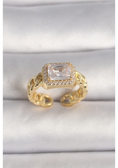 Pirinç Gold Renk Zincir Model Kare Zirkon Taşlı Kadın Yüzük Çok Renkli