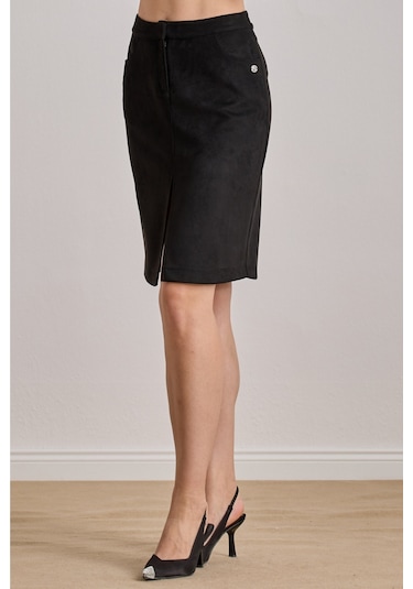 Diz Boy Siyah Süet Etek Siyah