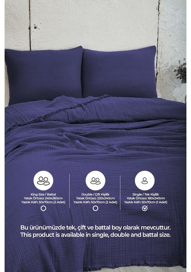 %100 Pamuk Müslin Yatak Örtüsü Tek Kişilik 4 Katlı Battaniye 2 Parça Müslin Pike Seti Lacivert Lacivert