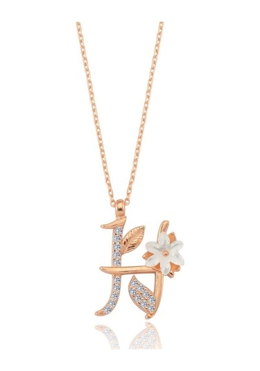 Işıltılı Manolya Çiçeği H Harfi Rose Renk Gümüş Harfli Kolye