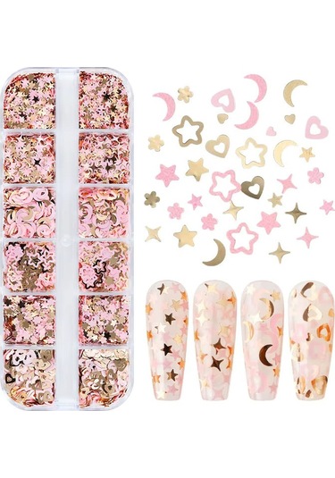 Pembe Ve Gold Tırnak Süsleme Folyo Pulları Karışık Dizayn Ay Yıldız Kalp Nail Art
