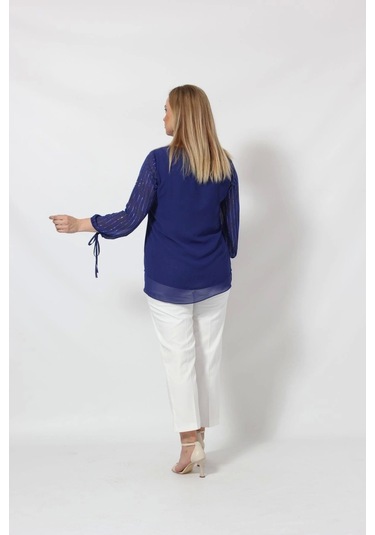 3243 Kolu Taş Baskılı Şık Bluz Saks Saks