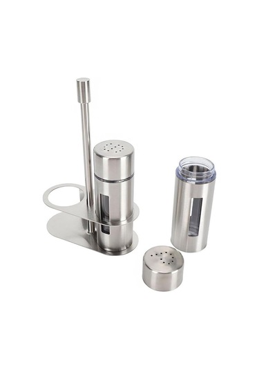 Mat Çelik 3 Parça Tuz Karabiber Standlı Baharatlık Set Cin972 Gri