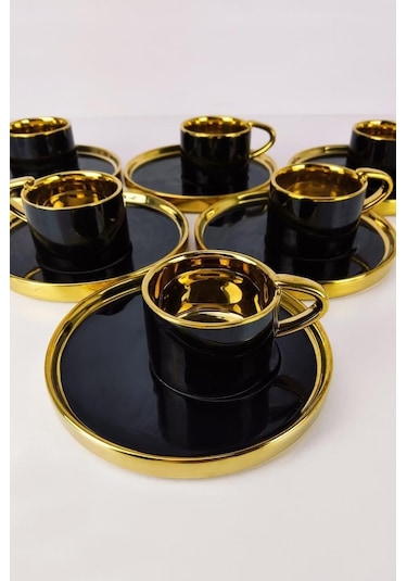 Digithome Kosova Porselen 2 Kişilik Yaldızlı Kahve Fincan Takımı Siyah - İst-85