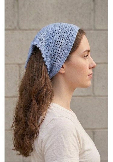 Mavi Renkli File Model Bandana, El Yapımı Örgü Bandana